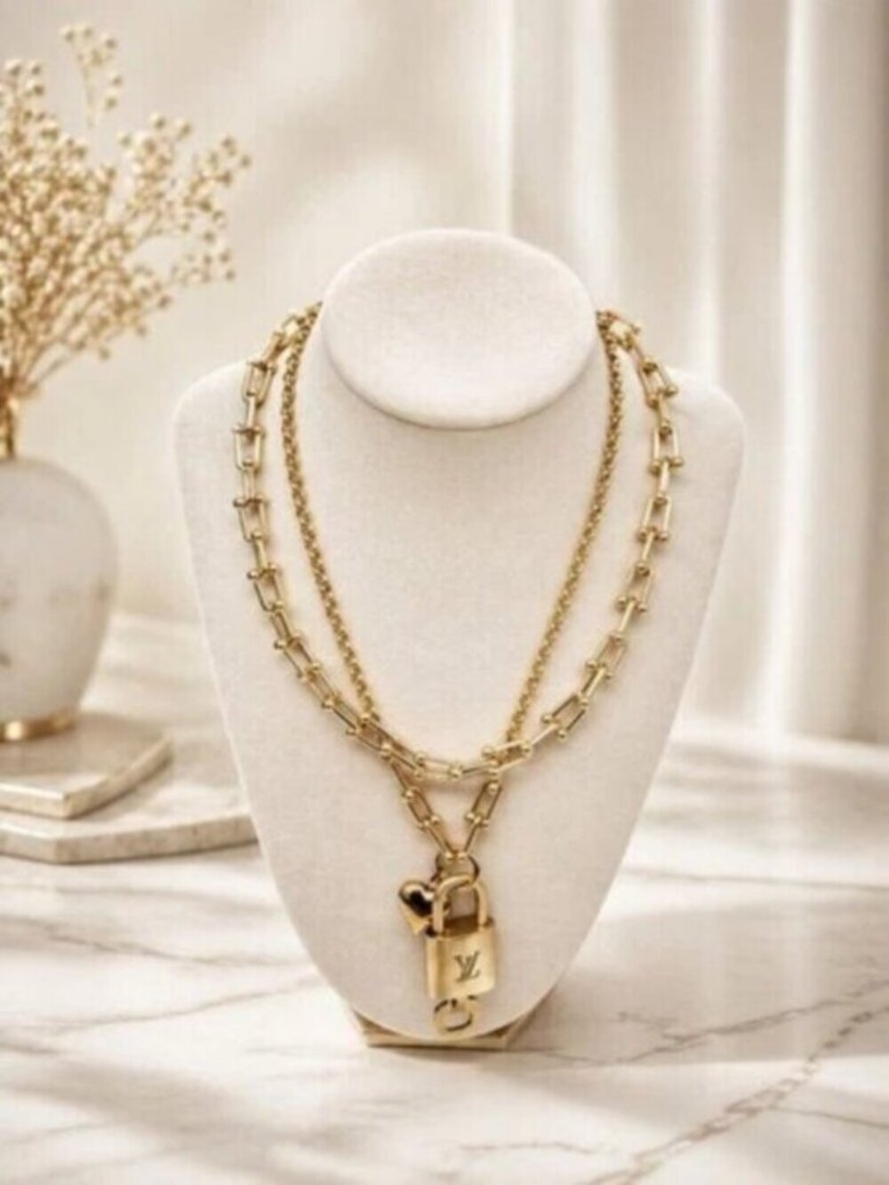 Stainless Steel Gold-Plated Necklace with Authentic Louis Vuitton Padlock - Picture 2 of 11